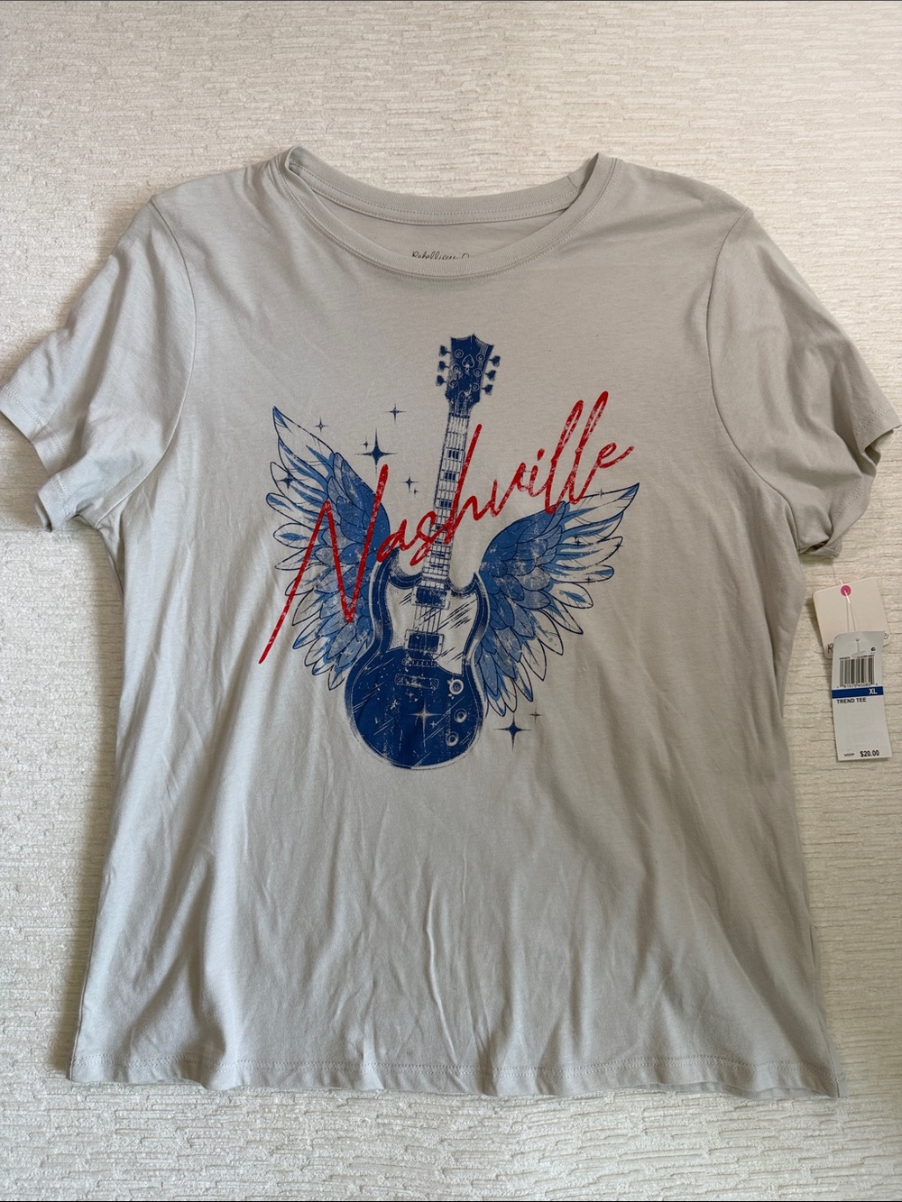 Rebellious One Gray Tee with Blue Guitar and Red "Nashville" Script NWT